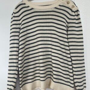 Loft Nautical Stripe Crew‎ Neck Sweater, White, Charcoal, Button Shoulder, M